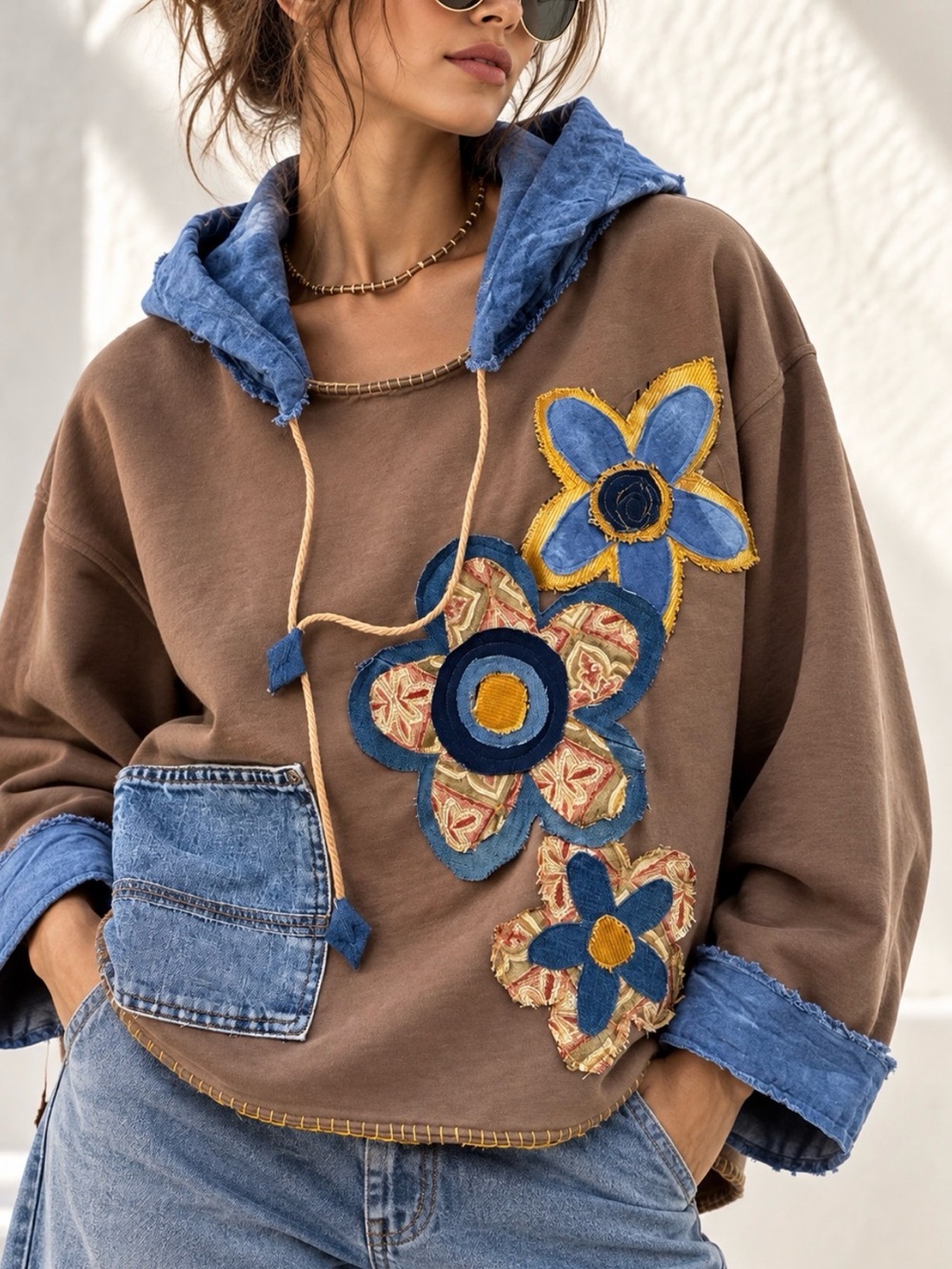 OOAK Handmade Upcycled Hoodie L/XL Eco Dyed Cotton Denim Patchwork Boho Floral - Picture 3 of 13